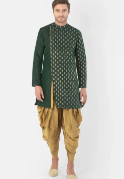 Foil Printed Dupion Silk Kurta Set in Dark Green
