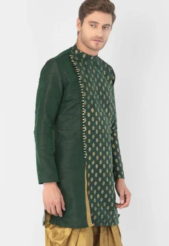 Foil Printed Dupion Silk Kurta Set in Dark Green