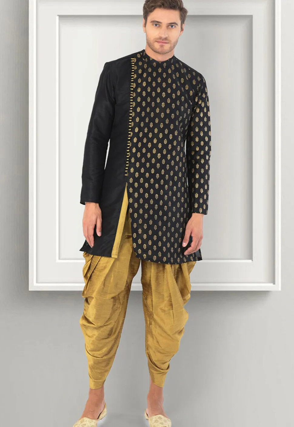Foil Printed Dupion Silk Kurta Set in Black