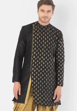 Foil Printed Dupion Silk Kurta Set in Black