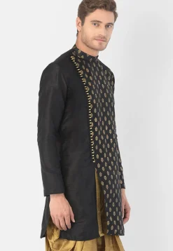 Foil Printed Dupion Silk Kurta Set in Black