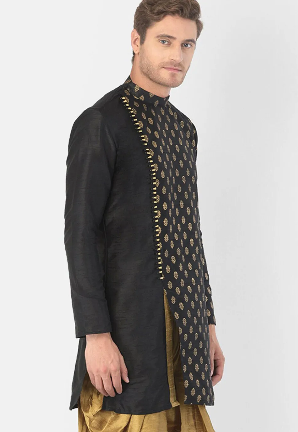 Foil Printed Dupion Silk Kurta Set in Black