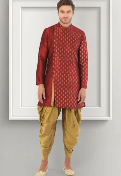 Foil Printed Dupion Silk Kurta Set in Maroon