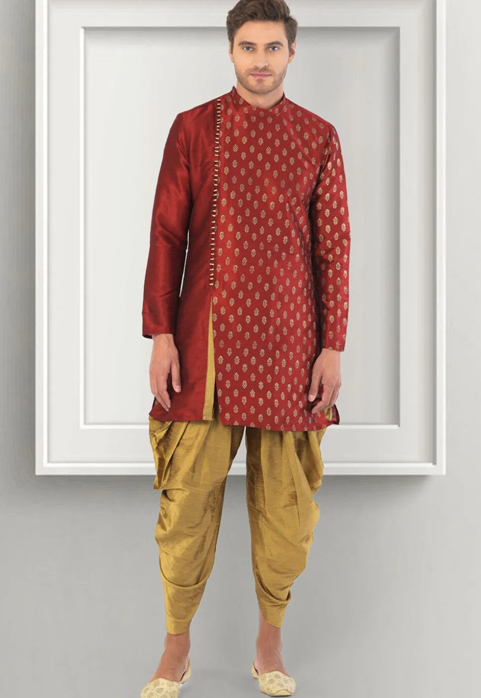 Foil Printed Dupion Silk Kurta Set in Maroon