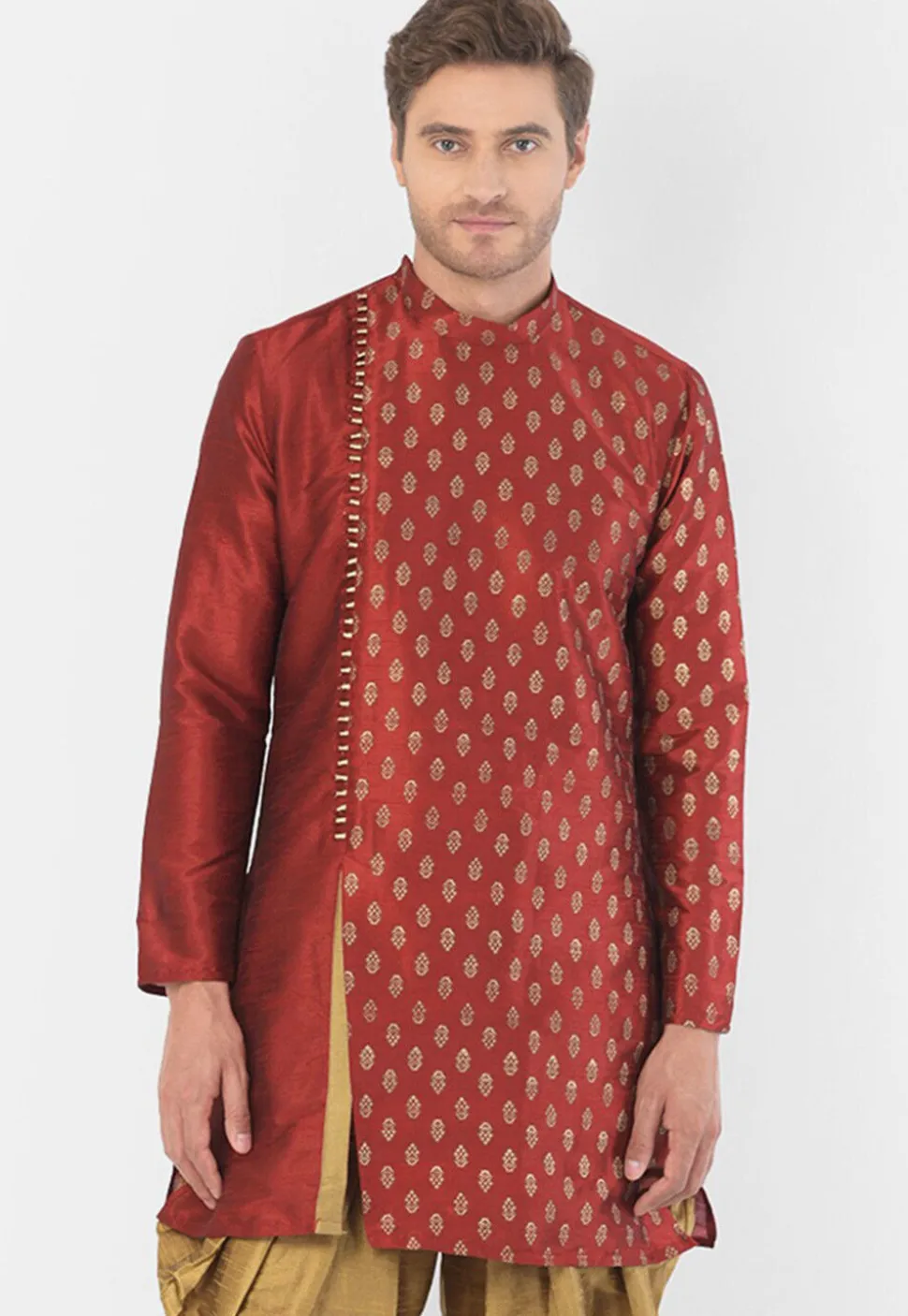 Foil Printed Dupion Silk Kurta Set in Maroon