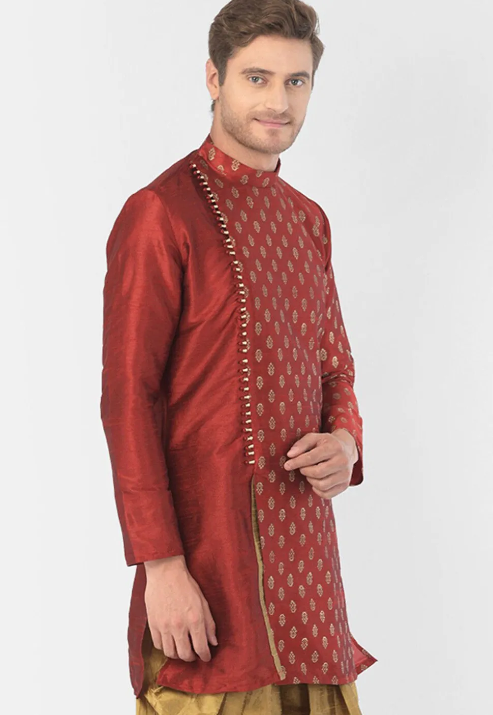 Foil Printed Dupion Silk Kurta Set in Maroon