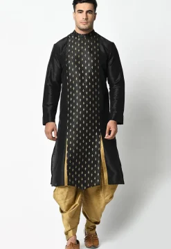 Foil Printed Dupion Silk Kurta Set in Black