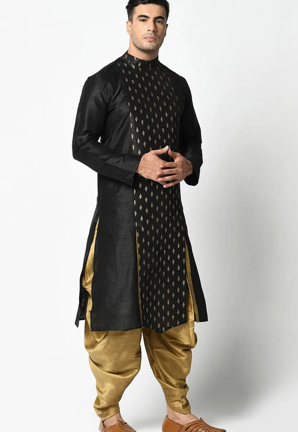 Foil Printed Dupion Silk Kurta Set in Black