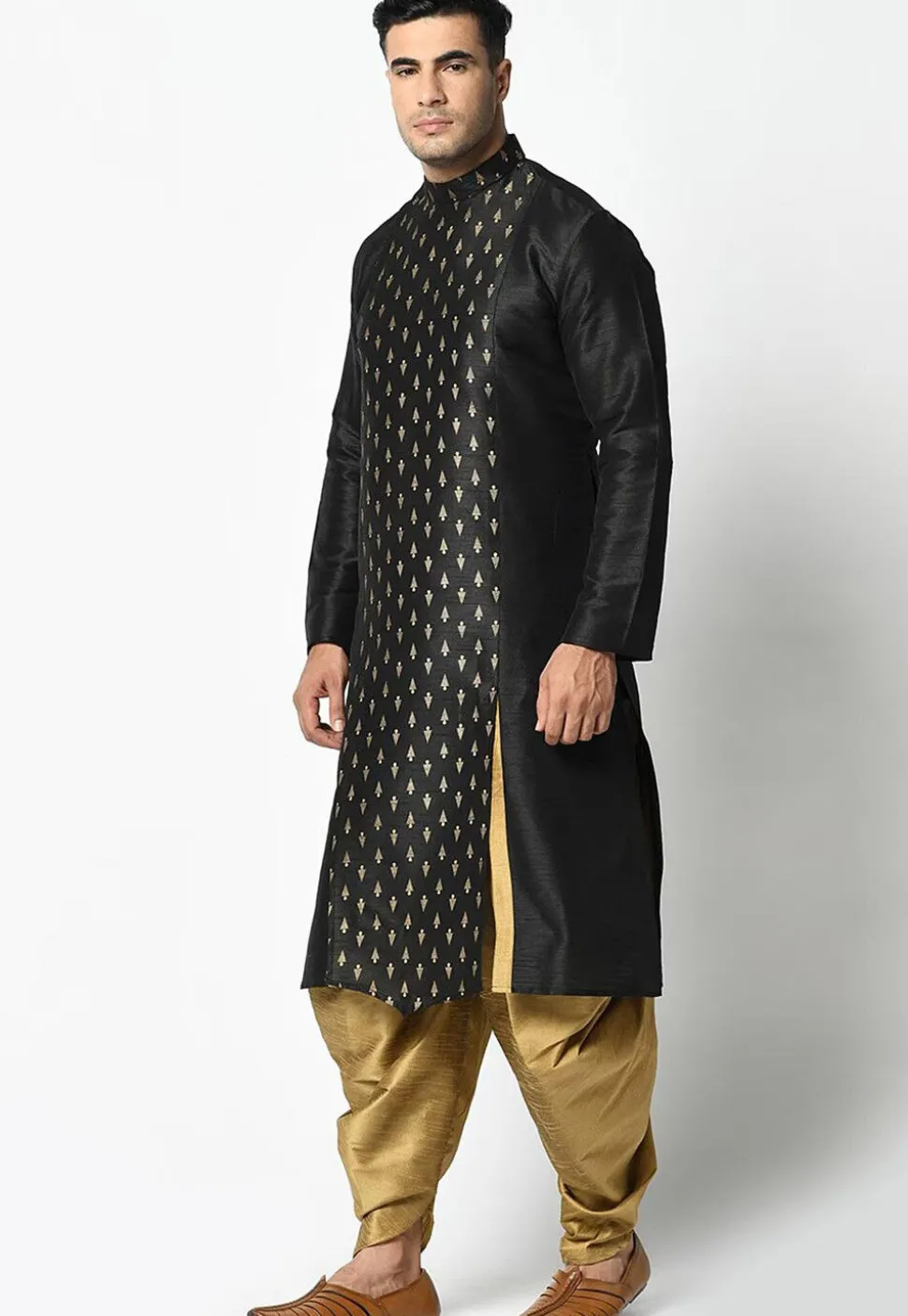 Foil Printed Dupion Silk Kurta Set in Black