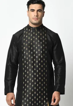 Foil Printed Dupion Silk Kurta Set in Black
