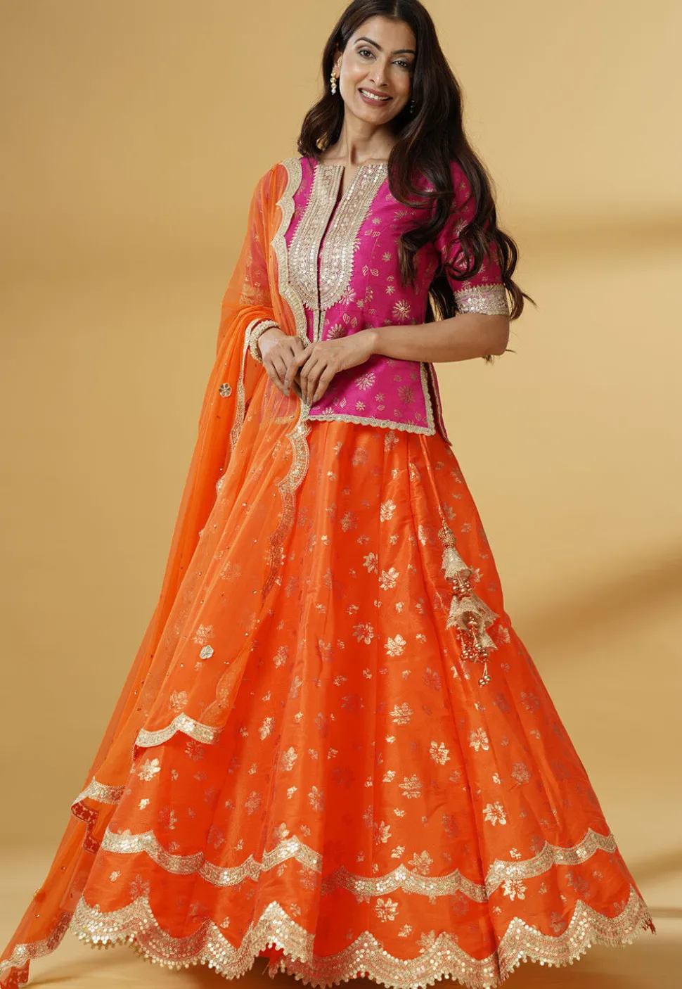 Foil Printed Dupion Silk Lehenga in Orange