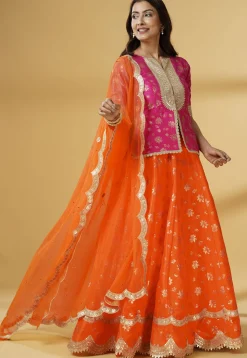 Foil Printed Dupion Silk Lehenga in Orange
