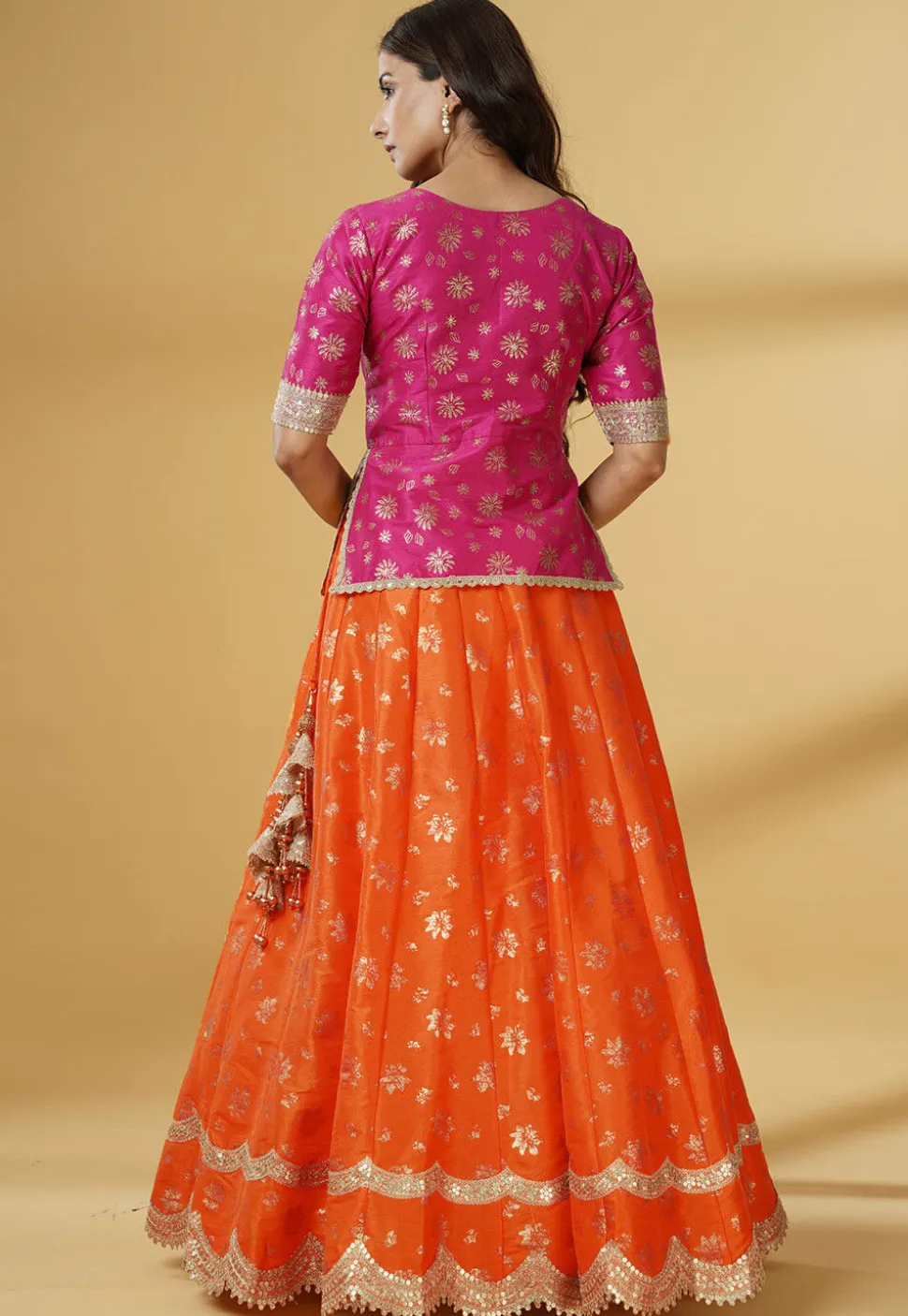 Foil Printed Dupion Silk Lehenga in Orange