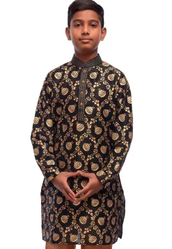 Foil Printed Dupion Silk Kurta in Black