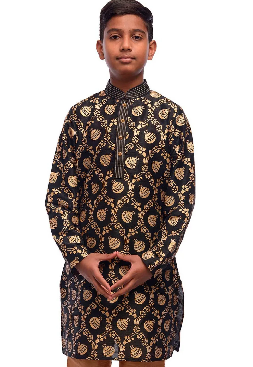 Foil Printed Dupion Silk Kurta in Black