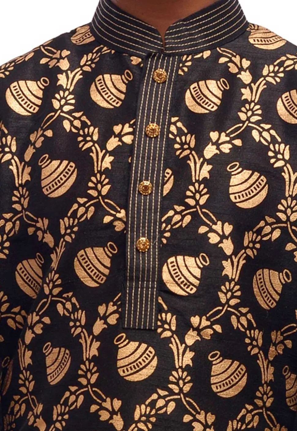 Foil Printed Dupion Silk Kurta in Black