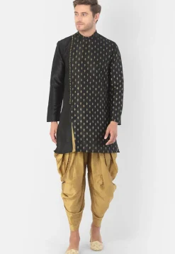 Foil Printed Dupion Silk Kurta Set in Black