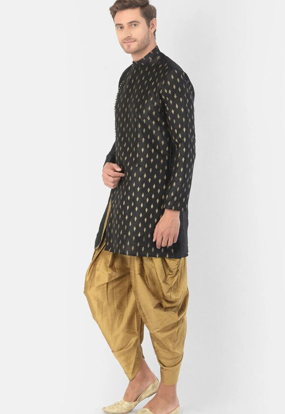 Foil Printed Dupion Silk Kurta Set in Black