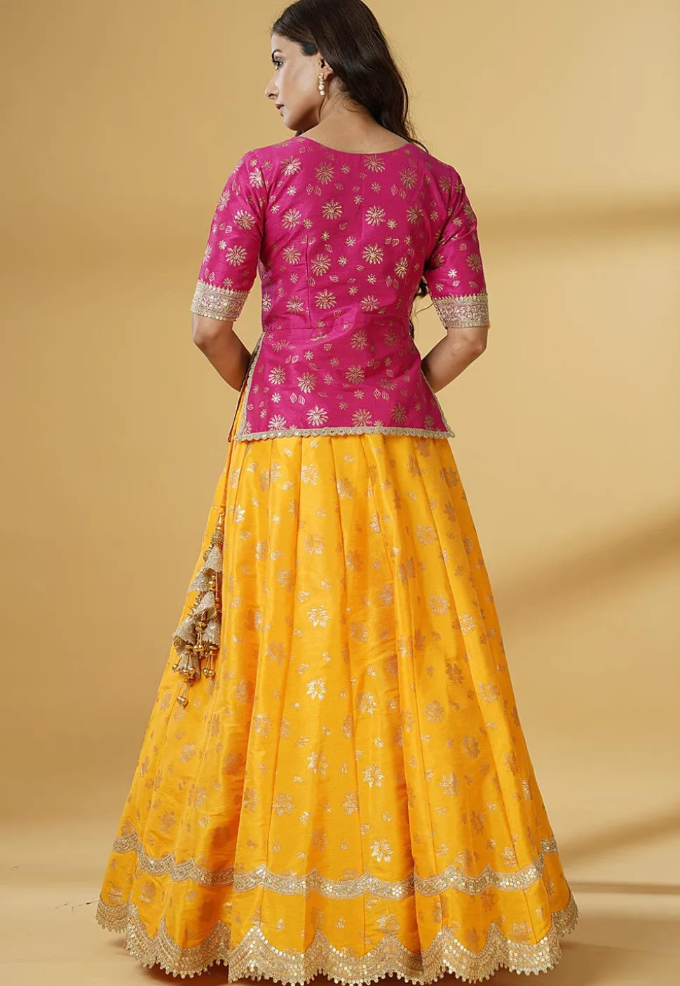 Foil Printed Dupion Silk Lehenga in Yellow