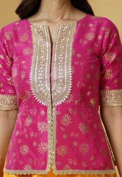 Foil Printed Dupion Silk Lehenga in Yellow