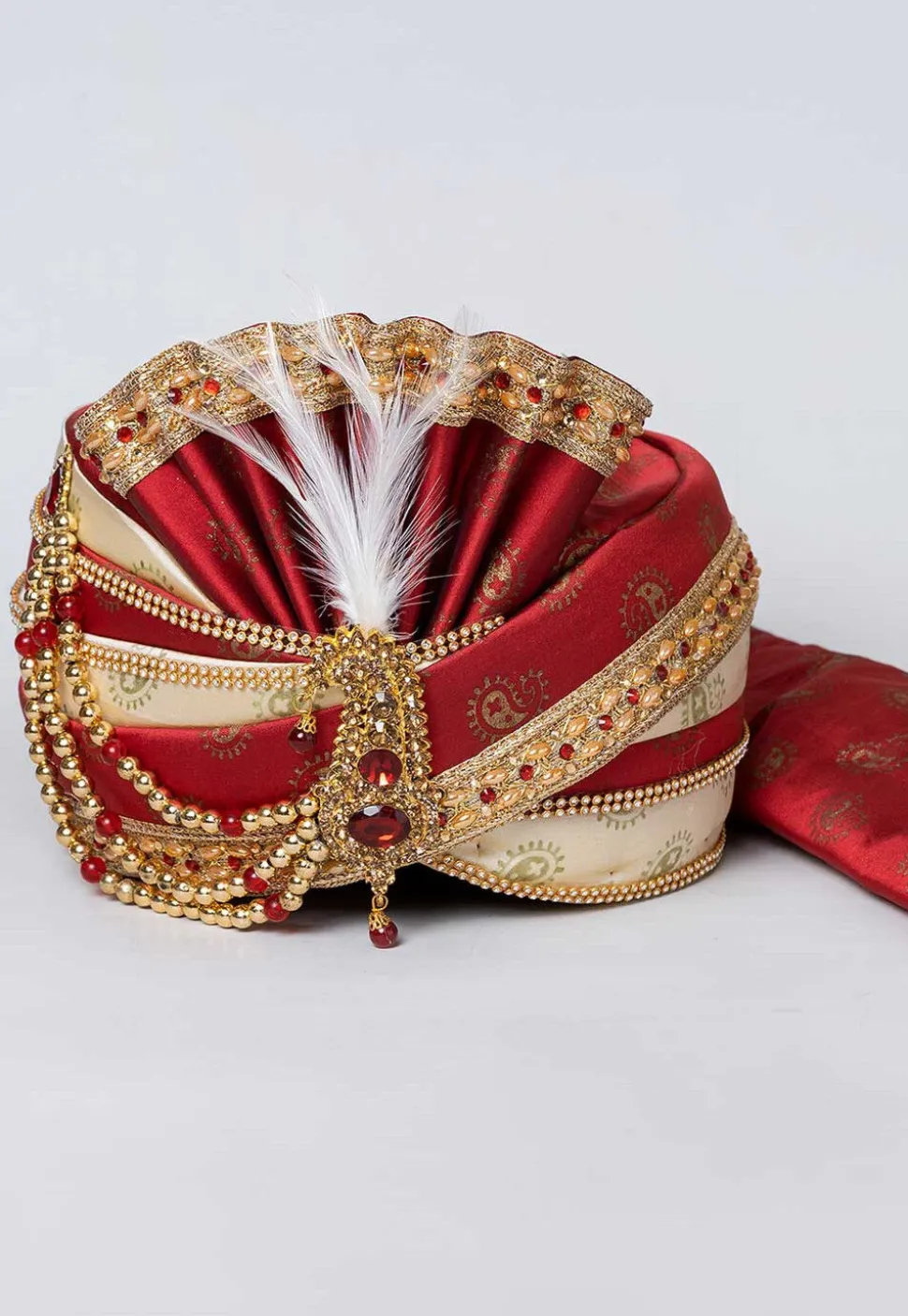 Foil Printed Dupion Silk Turban in Maroon and Off White