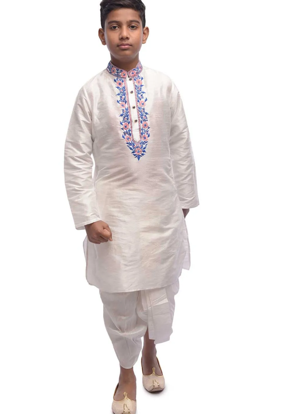 Foil Printed Dupion Silk Kurta Set in White