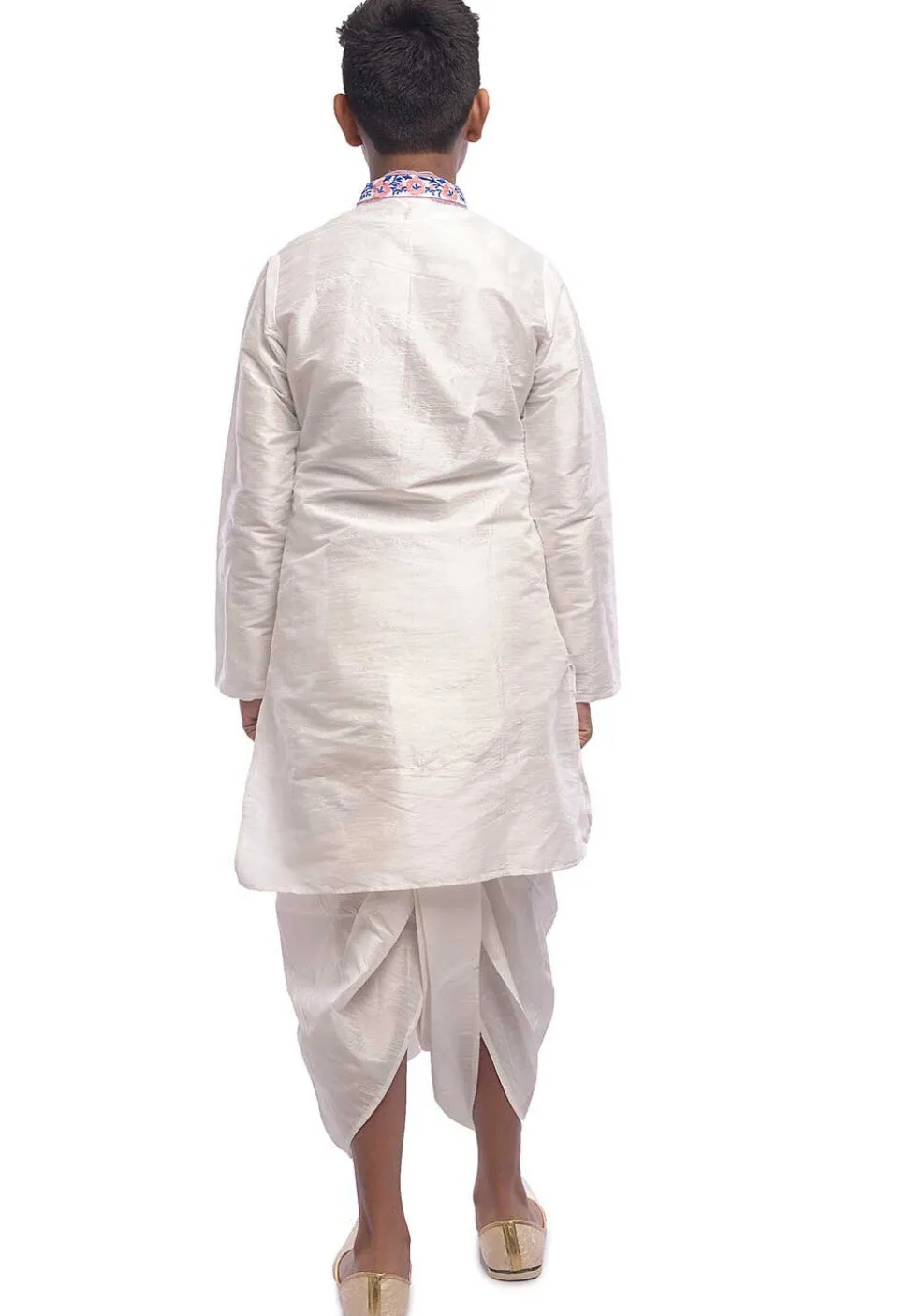 Foil Printed Dupion Silk Kurta Set in White