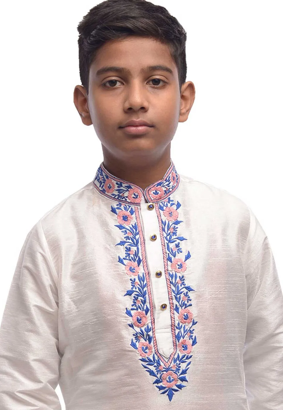 Foil Printed Dupion Silk Kurta Set in White