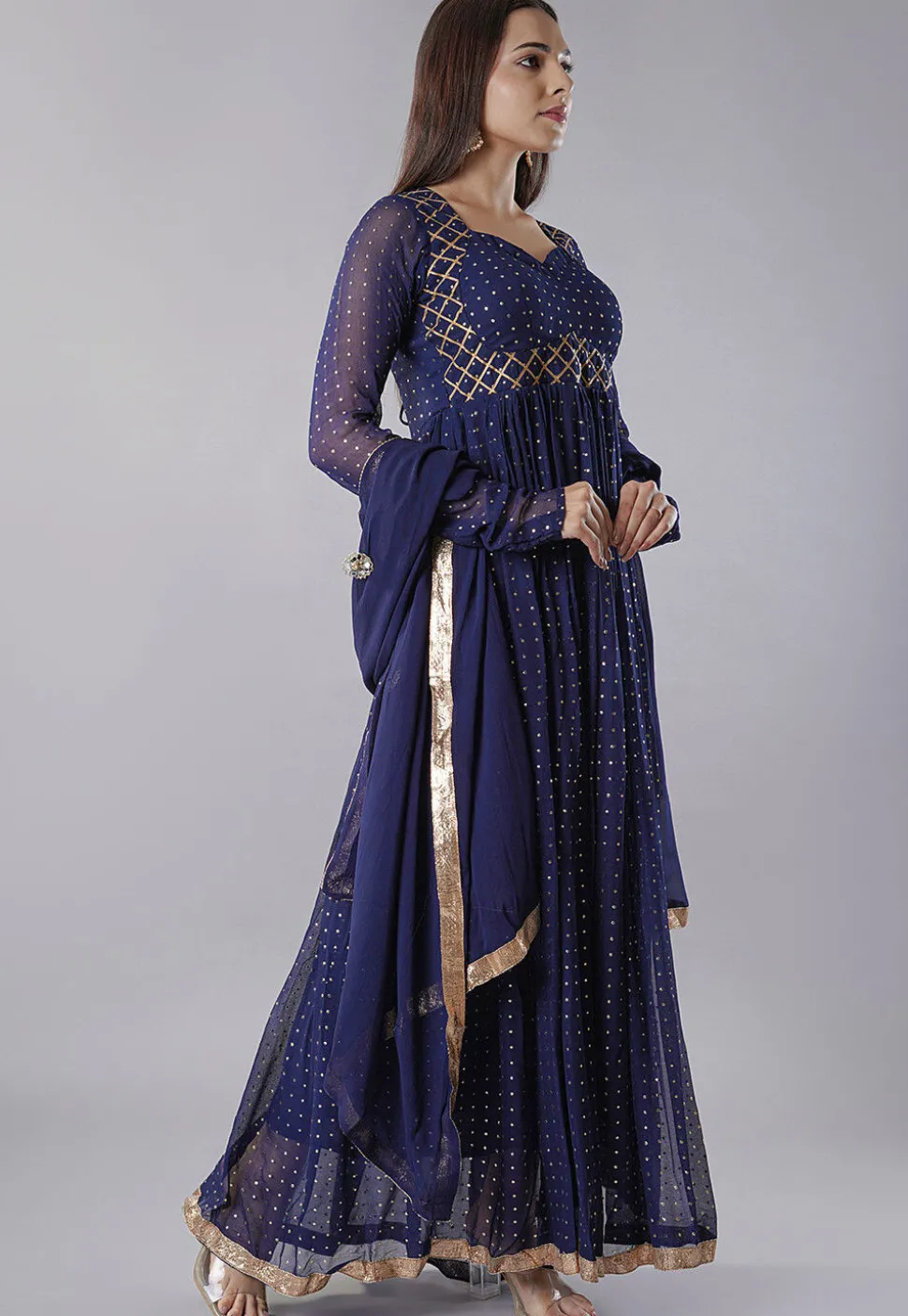 Foil Printed Georgette Abaya Style Suit in Navy Blue