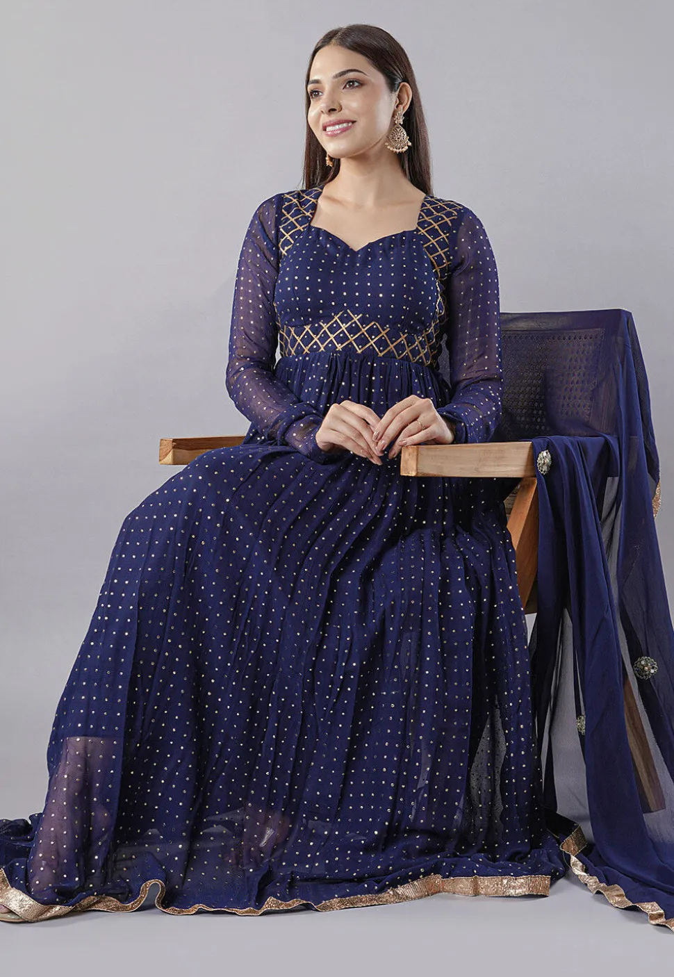 Foil Printed Georgette Abaya Style Suit in Navy Blue