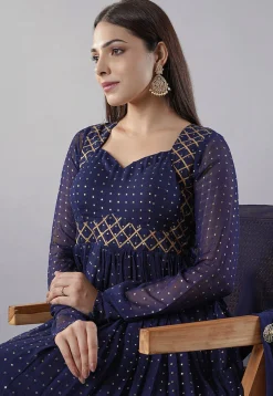 Foil Printed Georgette Abaya Style Suit in Navy Blue