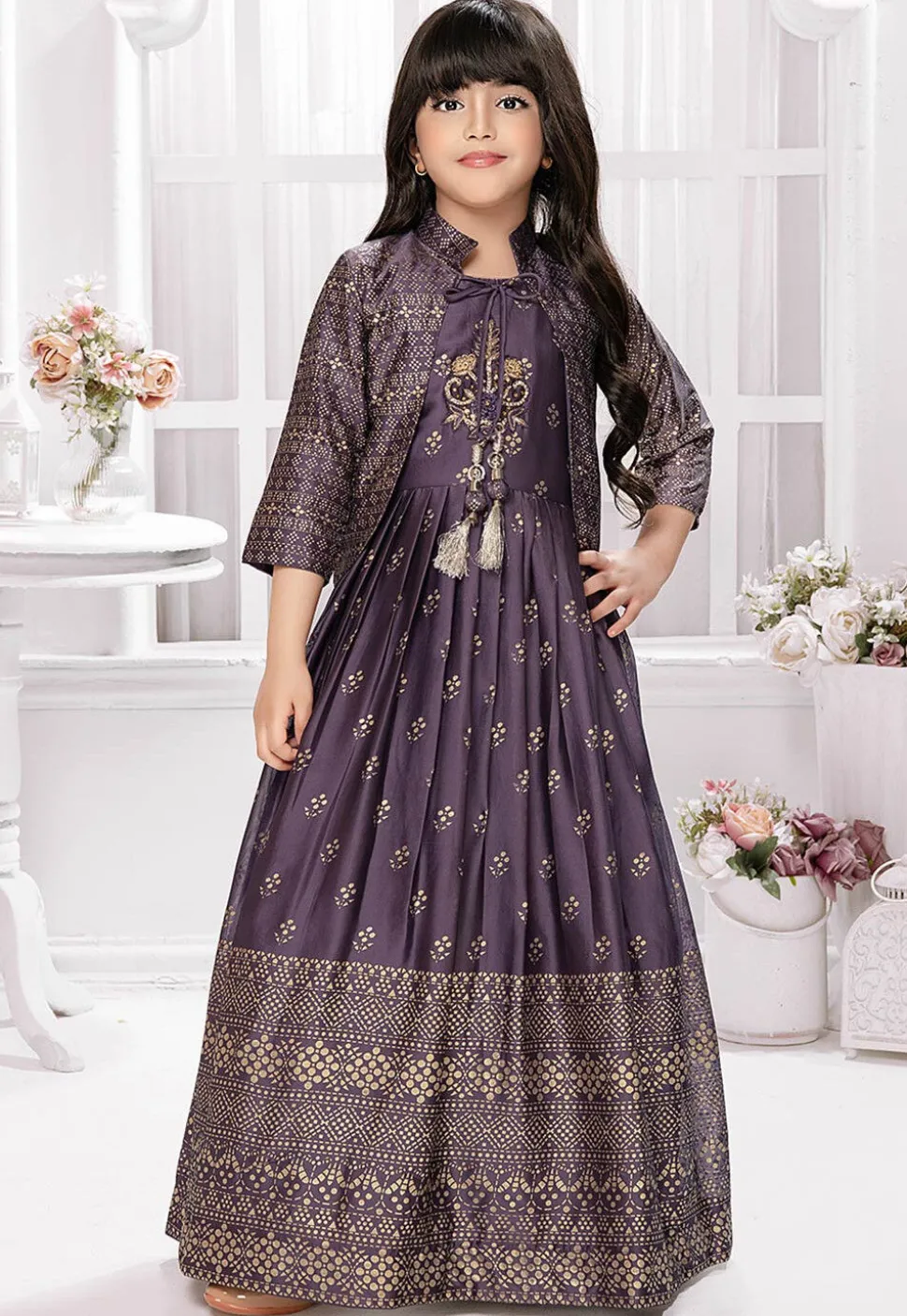 Foil Printed Georgette Gown in Purple