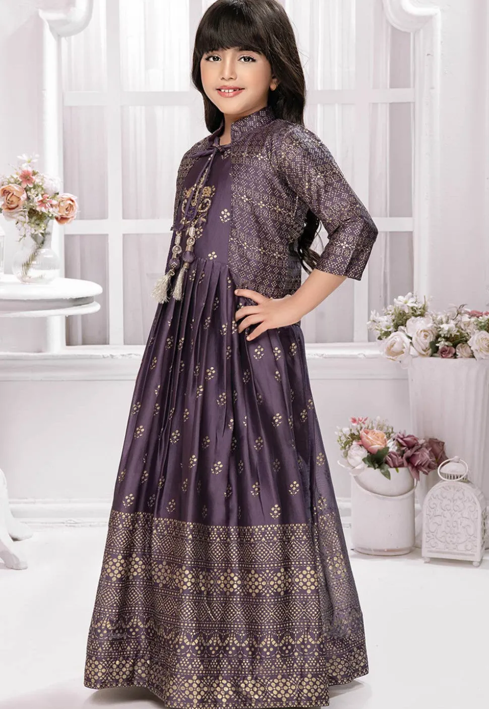 Foil Printed Georgette Gown in Purple