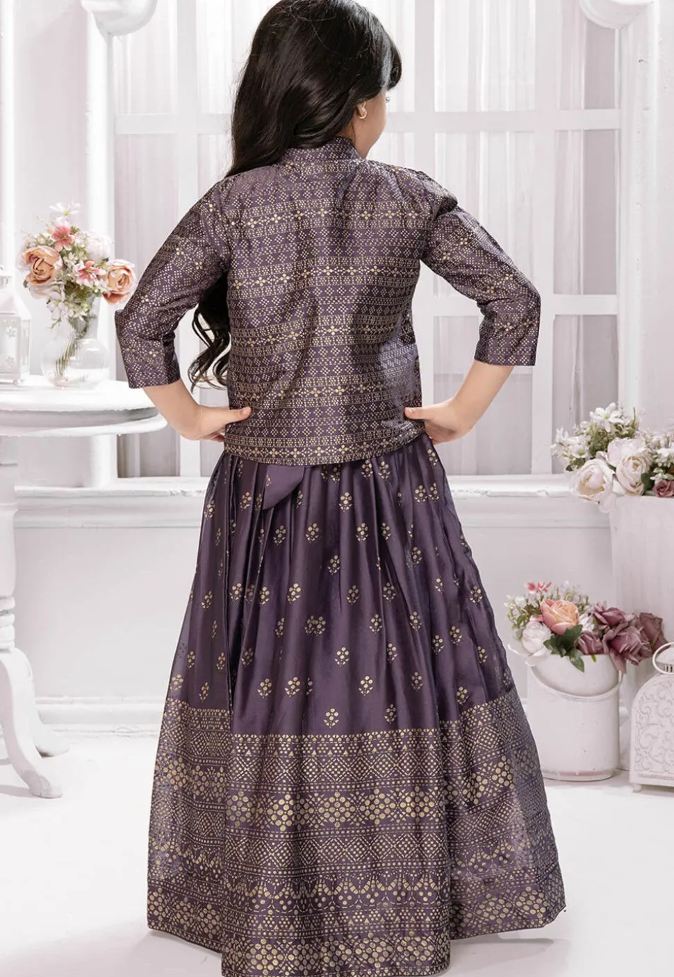 Foil Printed Georgette Gown in Purple