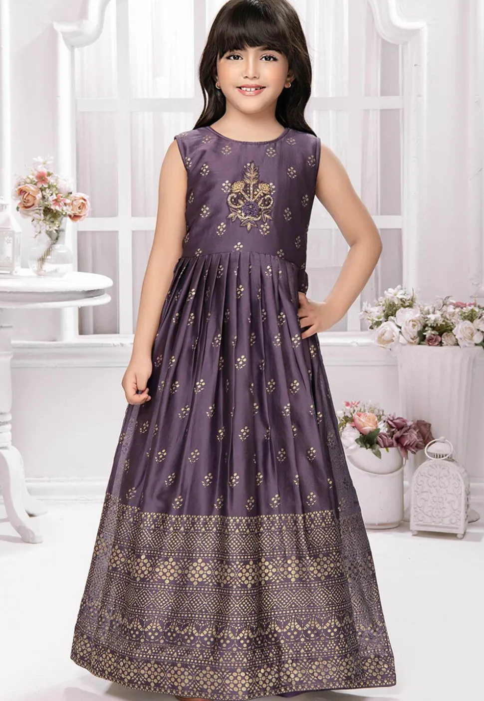 Foil Printed Georgette Gown in Purple