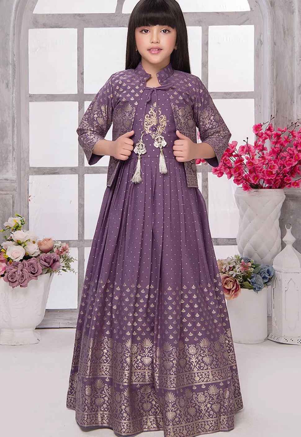 Foil Printed Georgette Gown in Purple