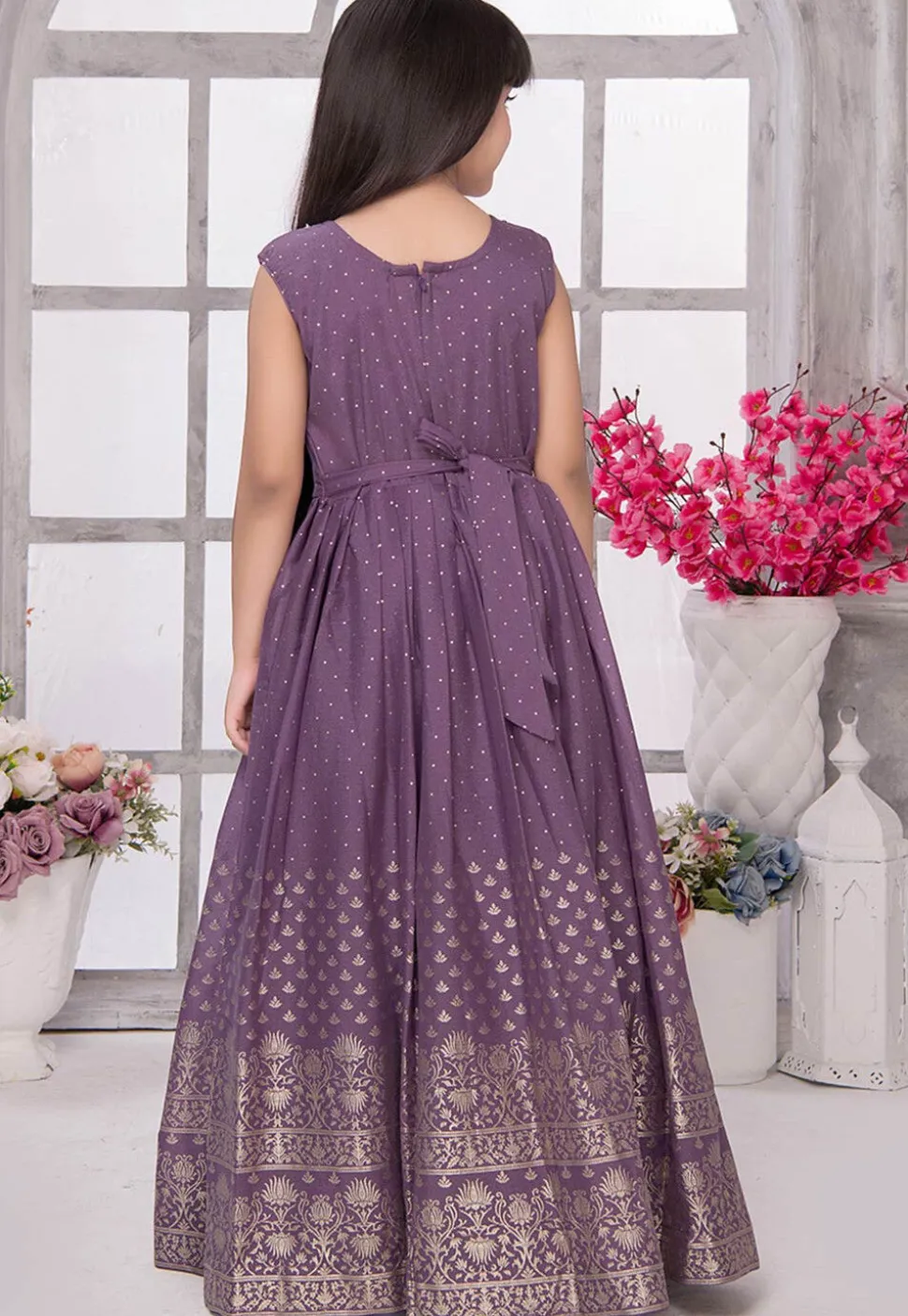 Foil Printed Georgette Gown in Purple