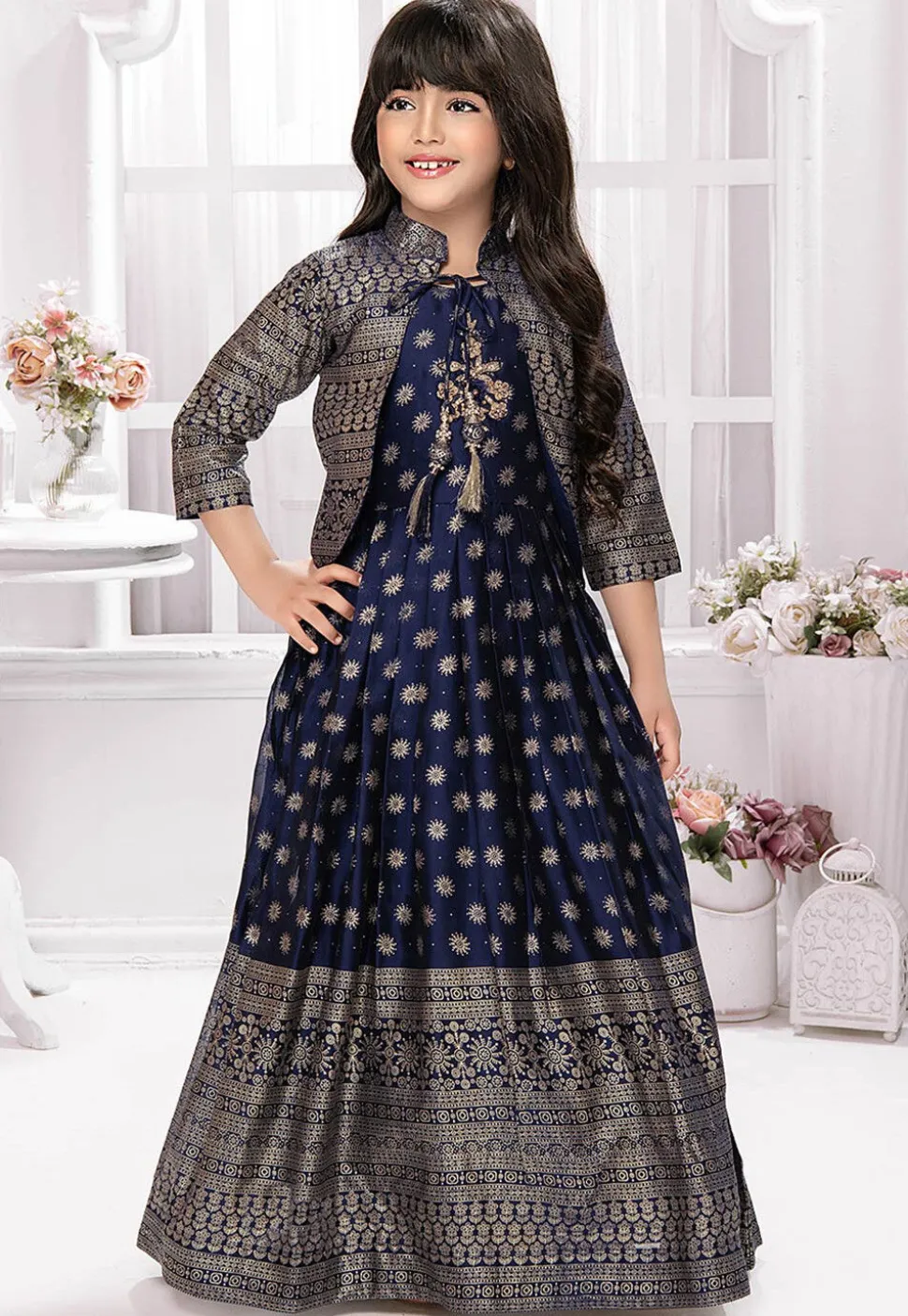 Foil Printed Georgette Gown in Navy Blue