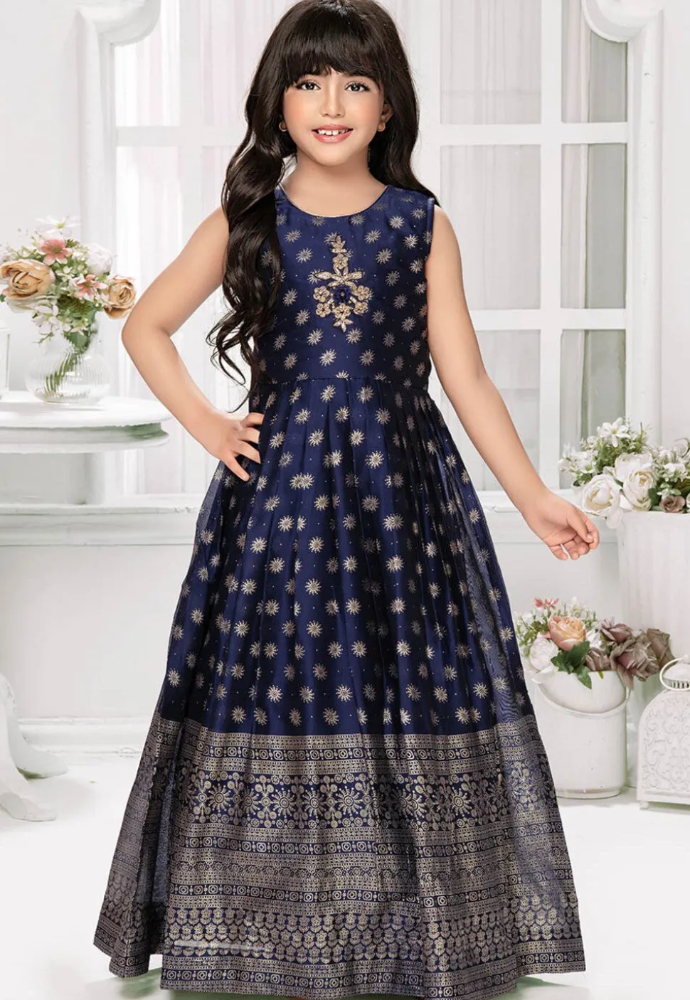Foil Printed Georgette Gown in Navy Blue