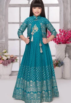 Foil Printed Georgette Gown in Teal Blue