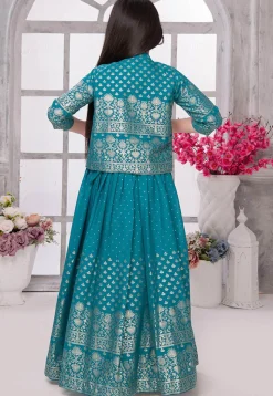 Foil Printed Georgette Gown in Teal Blue