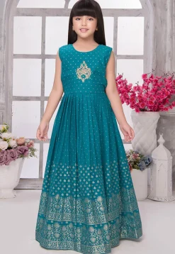 Foil Printed Georgette Gown in Teal Blue