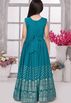 Foil Printed Georgette Gown in Teal Blue