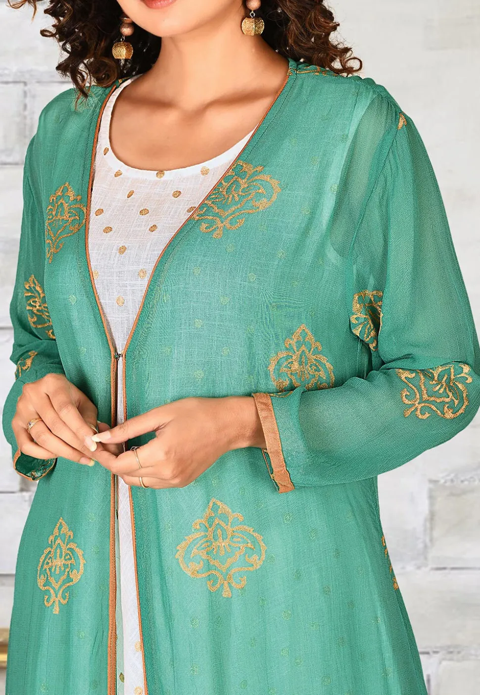 Foil Printed Georgette Jacket Style Gown in Green and White