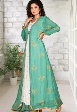 Foil Printed Georgette Jacket Style Gown in Green and White