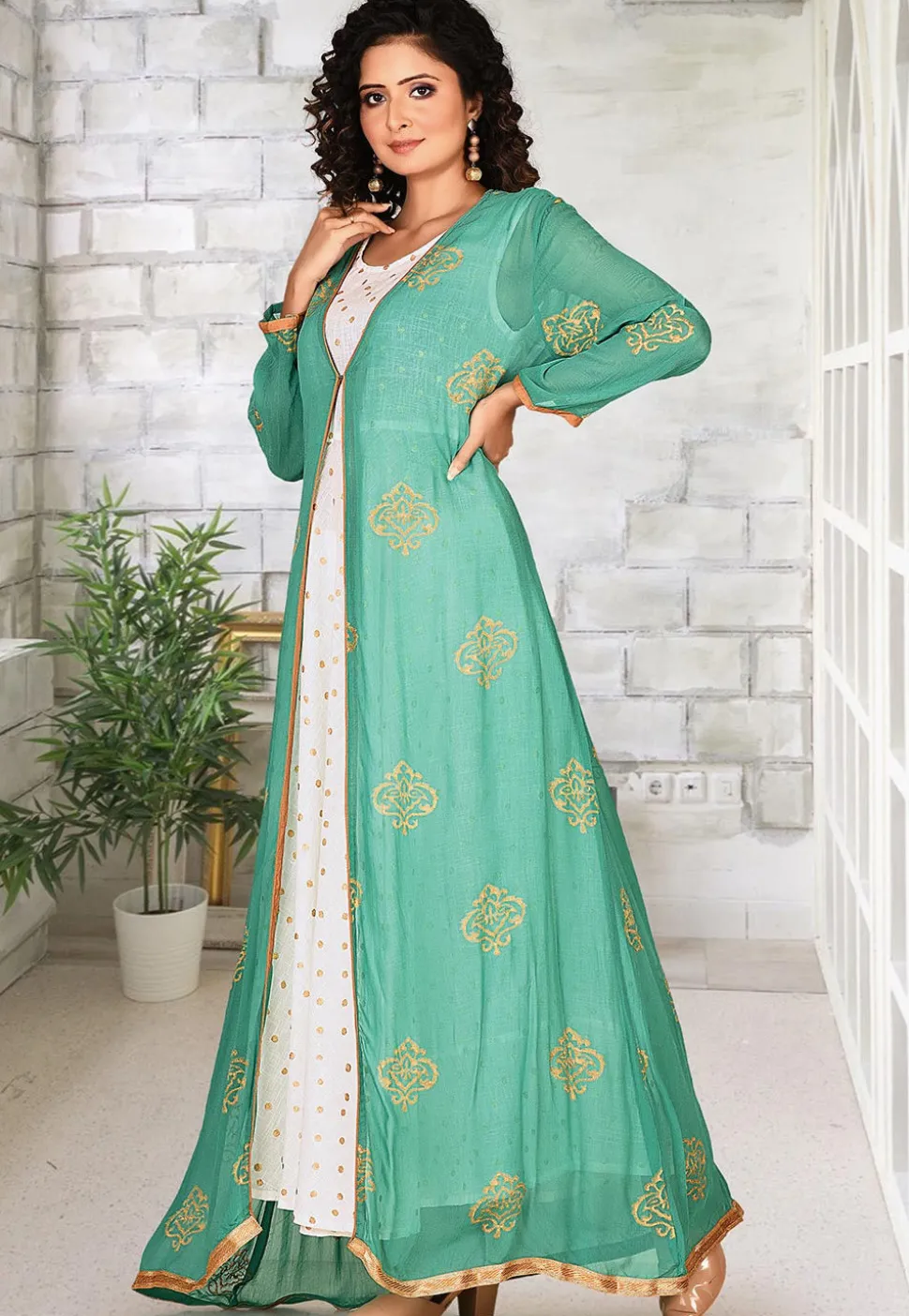 Foil Printed Georgette Jacket Style Gown in Green and White