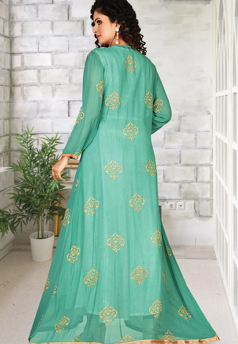 Foil Printed Georgette Jacket Style Gown in Green and White