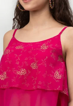 Foil Printed Georgette Strappy Layered Crop Top in Fuchsia