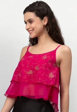 Foil Printed Georgette Strappy Layered Crop Top in Fuchsia