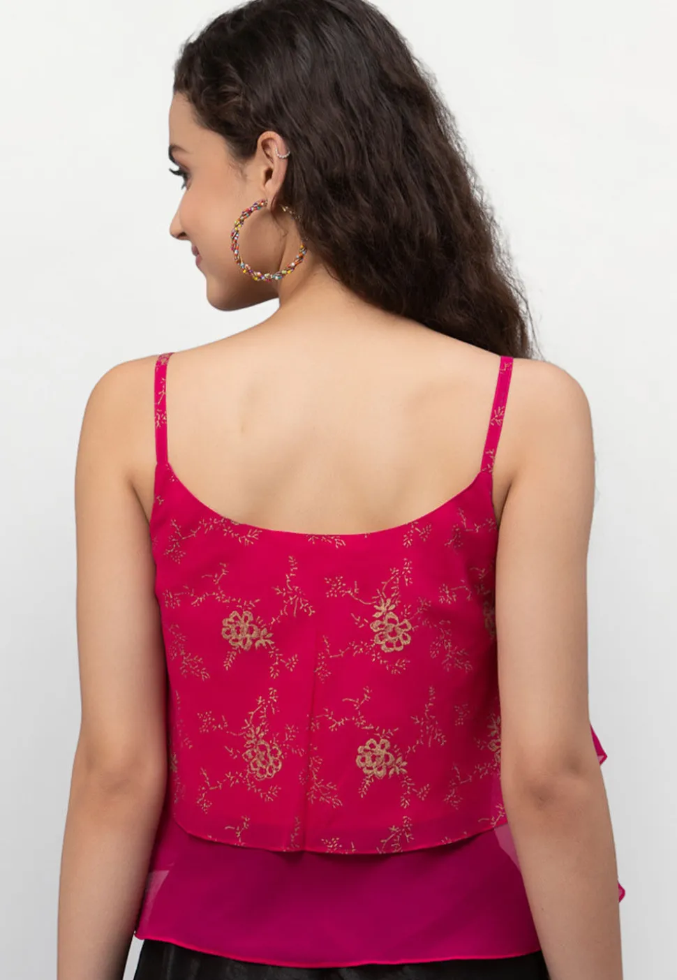 Foil Printed Georgette Strappy Layered Crop Top in Fuchsia